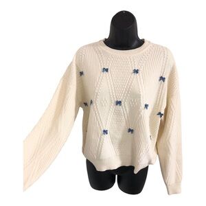 Jessica Simpson dotted diamond patterned blue satin bow sweater size large new